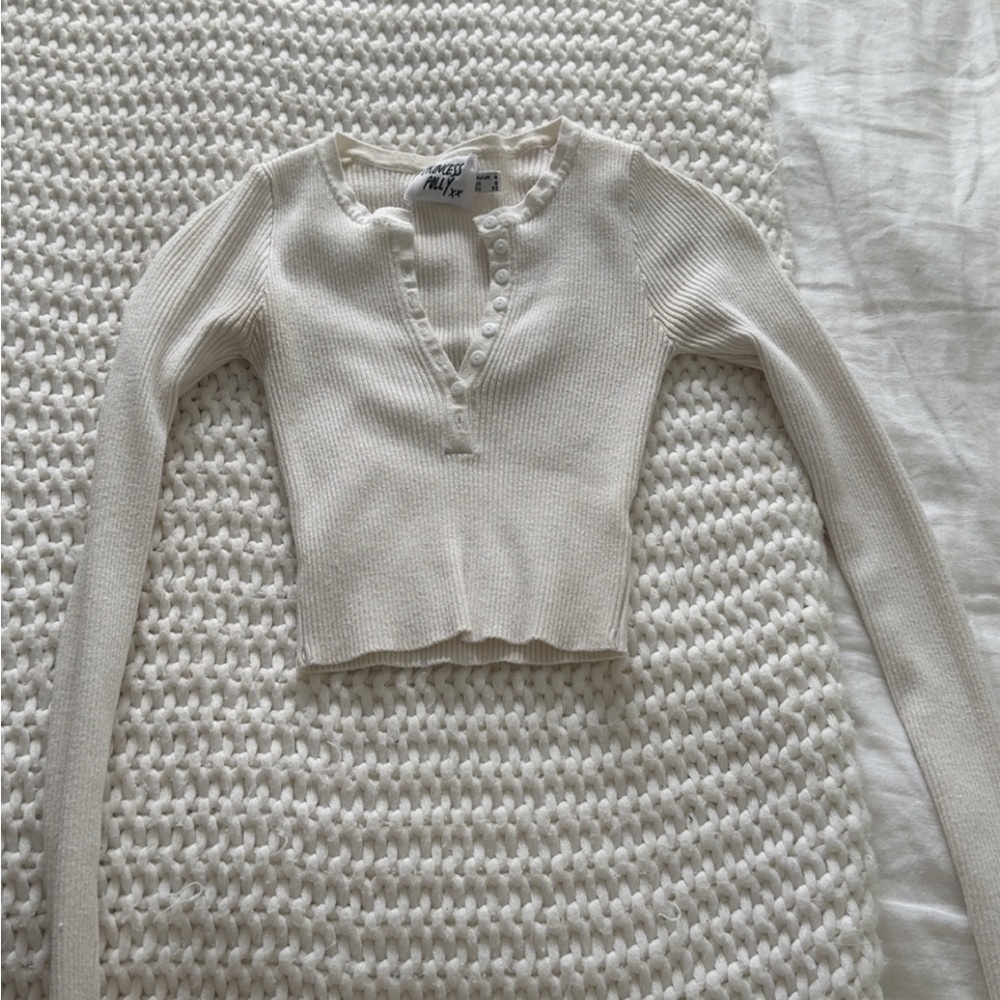 Cream Ribbed Long Sleeve Top